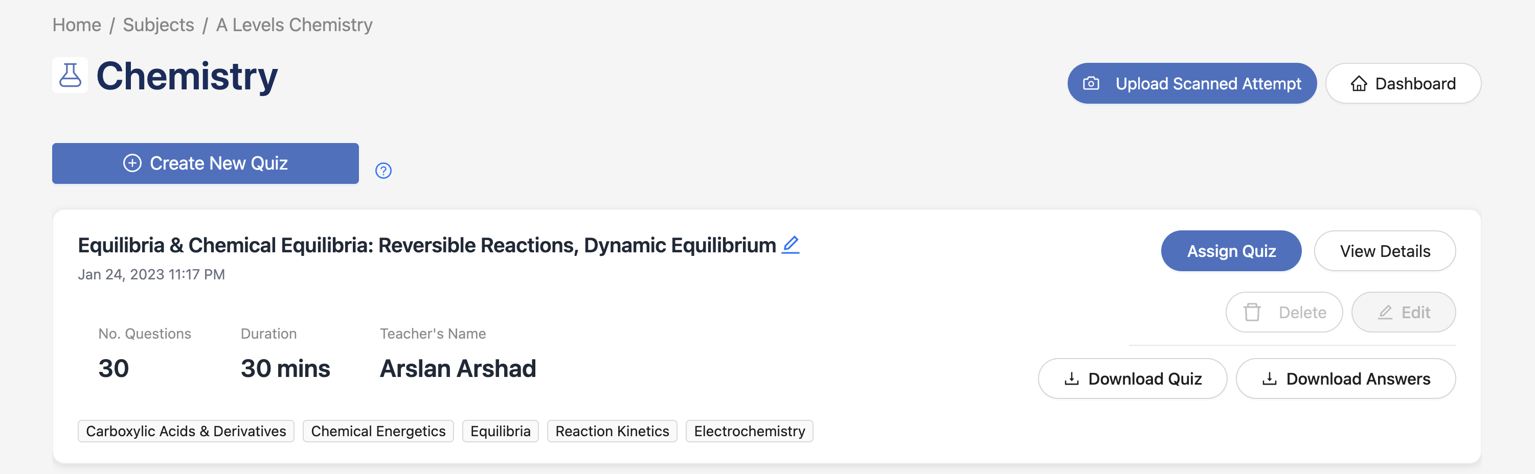 My Quizzes page showing Create New Quiz button and existing quizzes