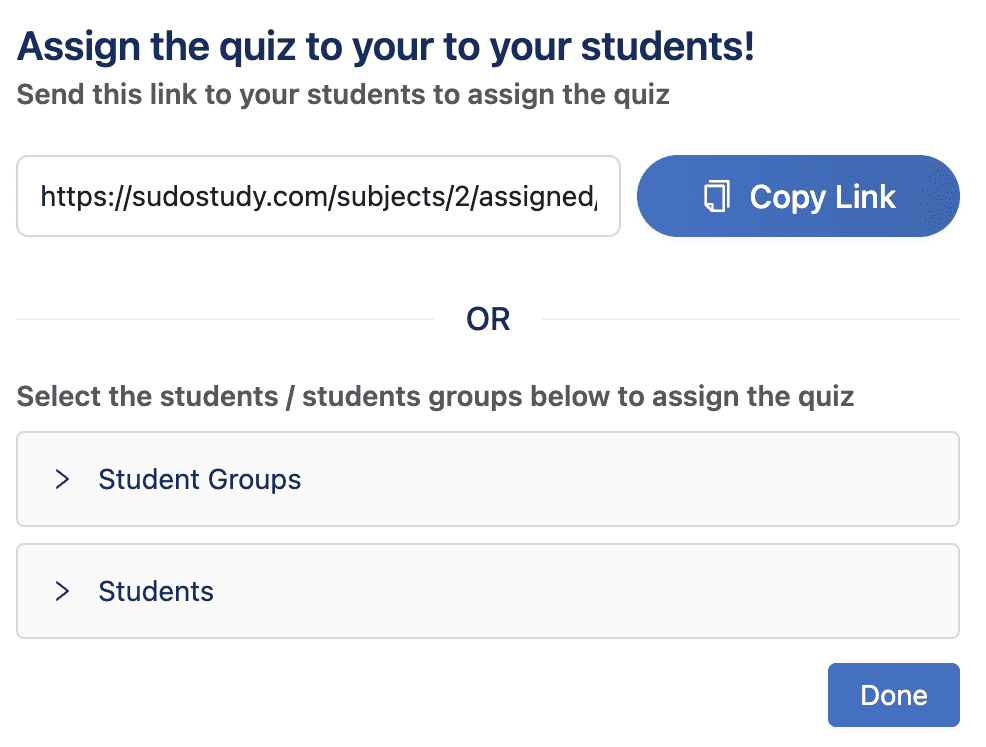 Assign Quiz modal showing shareable link that can be copied and shared with students